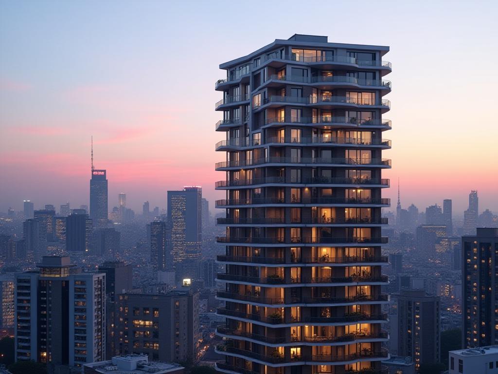 Modern apartment building in Tokyo at sunset